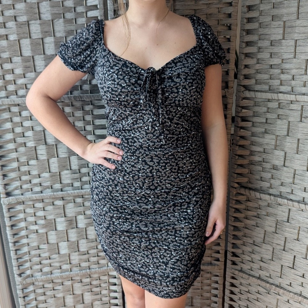 Francesca's Mi Ami Mini Dress Black Leopard Ruched Puff Sleeve Stretch Knit Med